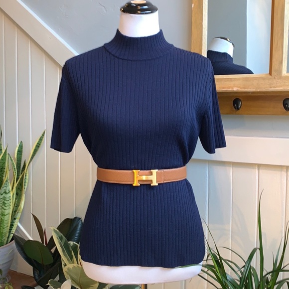 St. John Short Sleeve Mock Turtleneck Top in Navy Blue - Picture 1 of 10